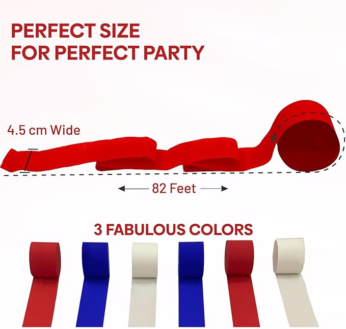 6 Unique Red, White and Blue Streamers, 492ft Pack of Red, White and Blue Crepe Paper Rolls for USA Decorations, American Party Decorations, 4th of July (1.8 inch x 82 ft/Roll)