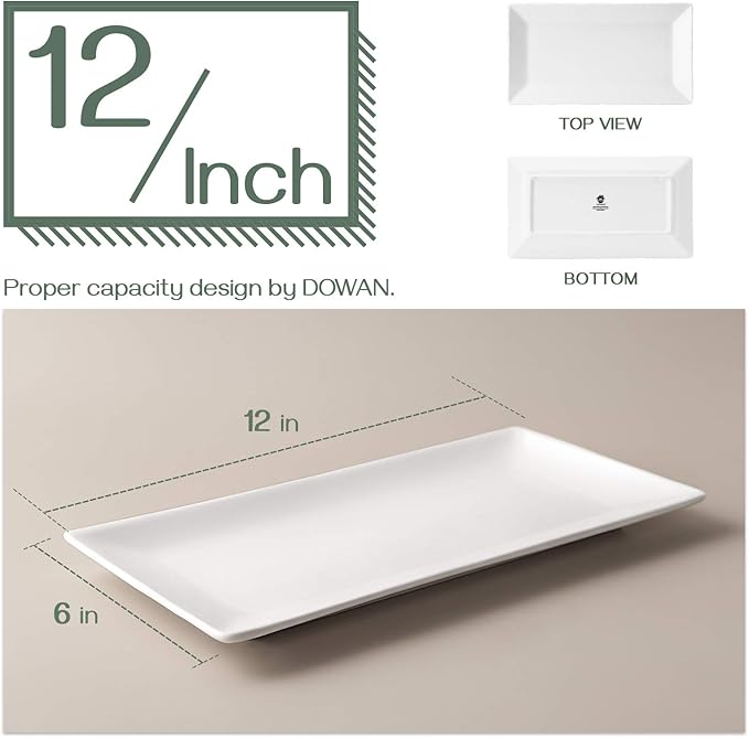 DOWAN 12" Rectangle Plates Set of 4 - White Serving Platters for Party, Wedding, and Entertaining - Rectangular Serving Trays Dishes for Steak, Taco, Sushi, Appetizer, Cake - Dishwasher & Oven Safe