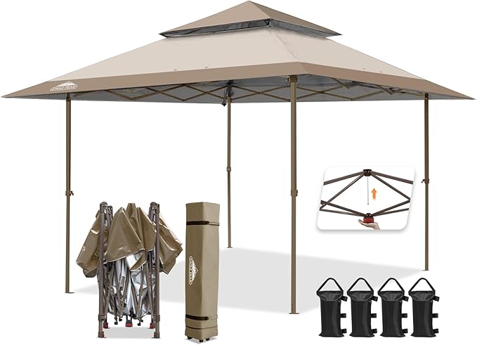 EAGLE PEAK 13x13 Straight Leg Pop Up Canopy Tent Instant Outdoor Canopy Easy Single Person Set up Folding Shelter w/Auto Extending Eaves 169 Square Feet of Shade (Beige)