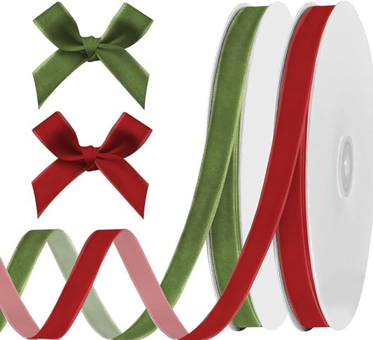 ALIBBON 2 Rolls 3/8 Inch x 20 Yds Red Green Velvet Ribbon Wine Red Moss Green Assorted Thin Ribbon Dark Red Grass Green Solid Ribbons for Gift Wrapping Sewing Bows Crafts Birthday Christmas Decor