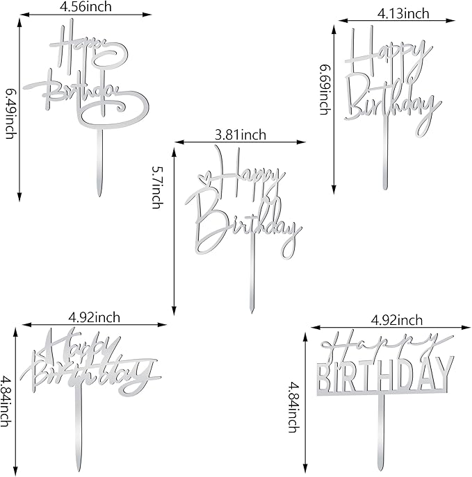 10 PCS Silver Happy Birthday Cake Topper Acrylic Cupcake Topper Birthday Supplies Decorations