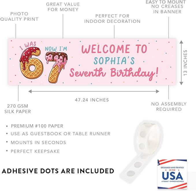 Andaz Press 13x48 Inch Custom 6 7 Birthday Banner Decorations, Personalized Birthday Banner with Custom Name, Ice Cream Theme 67 Happy Birthday Party Banner for Boys or Girls, Home or Party Décor