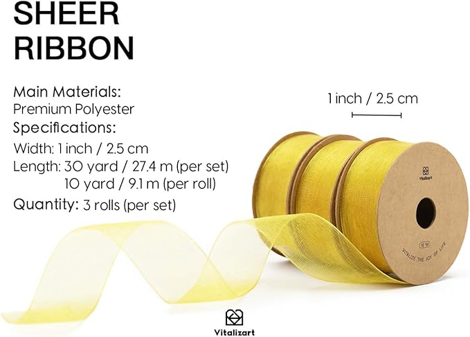 Vitalizart Gold Organza Ribbon for Gift Wrapping 1 inch x 30 Yd 3 Rolls *10Yd Extra Density Sheer Fabric Christmas Card Supplies Crafts Bows Tree Decor Wedding Wreaths Wrap