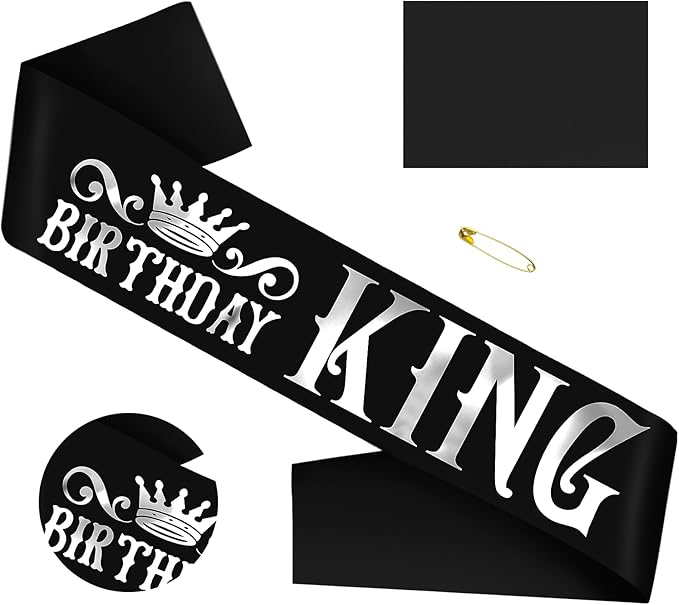 Birthday King Sash, Funny Black Satin Sash with Silver Foil Lettering Birthday Sashes for Boys or Men 10th 13th 16th 18th 21st 30th 40th 50th 60th or Any Birthday Party Supplies Gifts Favors.