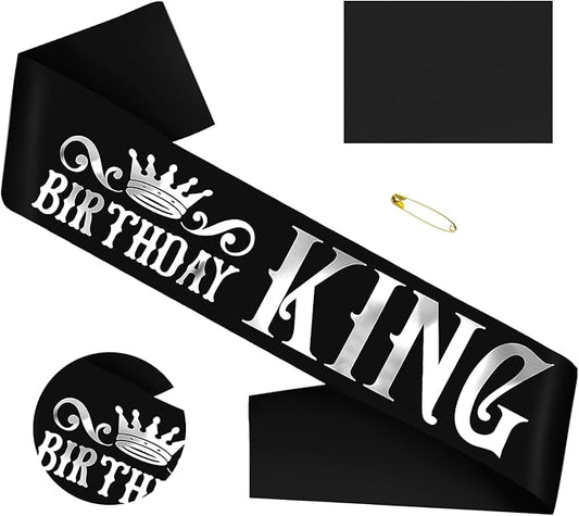 Birthday King Sash, Funny Black Satin Sash with Silver Foil Lettering Birthday Sashes for Boys or Men 10th 13th 16th 18th 21st 30th 40th 50th 60th or Any Birthday Party Supplies Gifts Favors.