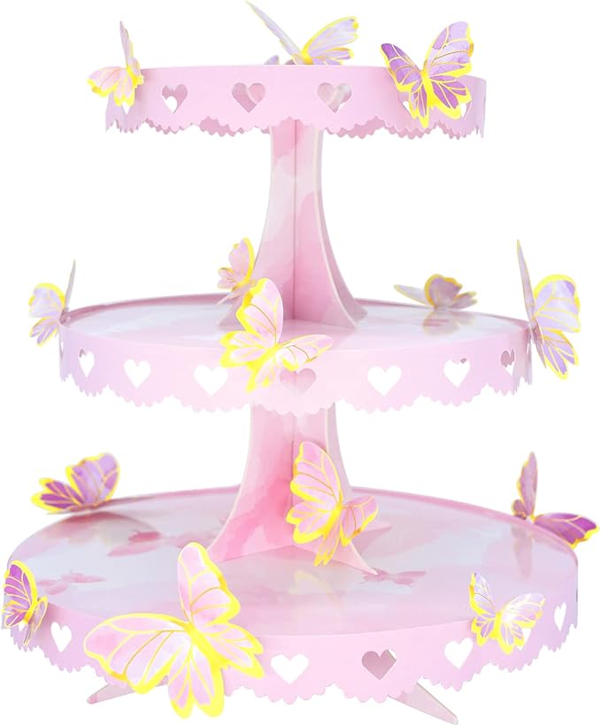 DIY 3 Tier Butterfly Cupcake Stand Pink Butterfly Decorations Princess Cupcake Stand Dessert Tower for Wedding Birthday Party Supplies