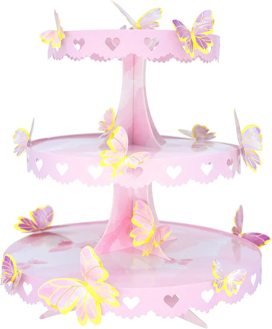 DIY 3 Tier Butterfly Cupcake Stand Pink Butterfly Decorations Princess Cupcake Stand Dessert Tower for Wedding Birthday Party Supplies