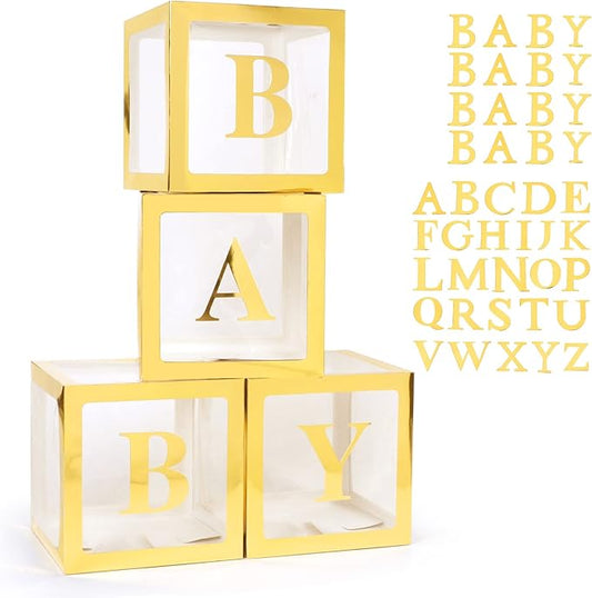 Voircoloria Baby Boxes with 42pcs Letters for Baby Shower Transparent Balloon Boxes Clear Balloon Box Blocks for Boy Girl Gender Reveal Party and Birthday Party (Gold)