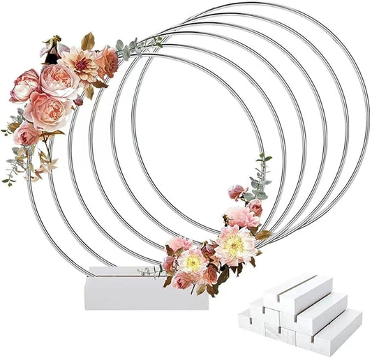 Worown 6 Pack 12 Inch Metal Floral Hoop Centerpiece with 6 Pack Wooden Stand for Table, Silver Metal Rings for Making Wedding Table Wreath Decor, Wall Hanging Wreaths and Dream Catcher Crafts