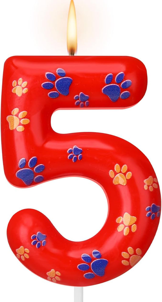 Conelist Number 5 Dog Paw Birthday Candles Dog Toppers Candles Blue Yellow and Red Numeral Birthday Cake Topper for 5 Year Old Boy Girl Paw Party Decoration Party Supplies