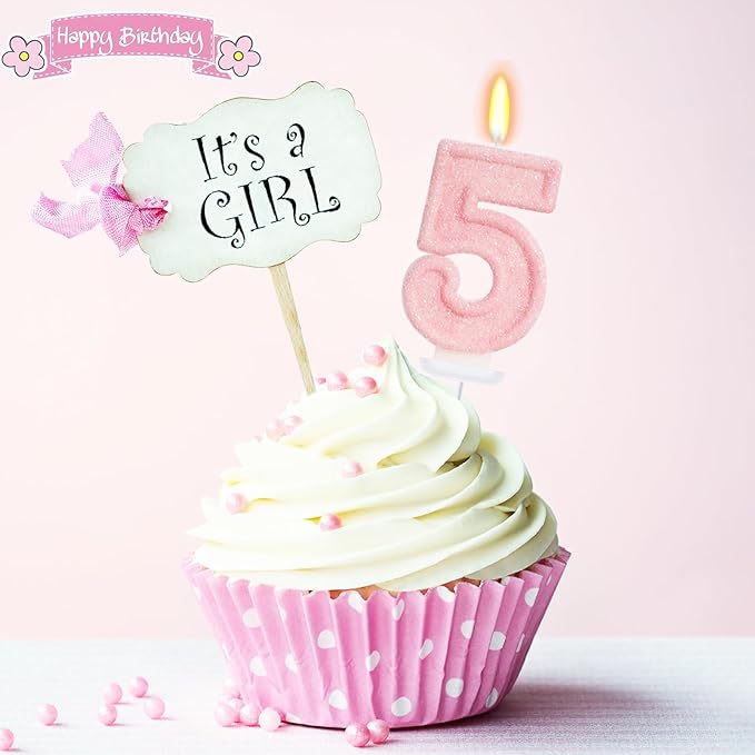 Pink Birthday Candles - Number 5 Candle for 5th Birthday Decorations Girl, Pink Cake Decorations Sweet Birthday Decorations Girl