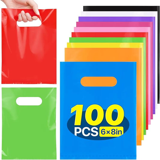 ANZNKU 100 Pcs Multicolor Party Favor Small Gift Bags with Handle for Easter Candy Treat Craft, Portable Goodie Bag for Kids Birthday Party, Reusable Gift Bag Bulk for Small Business(5.9x7.9 inch)