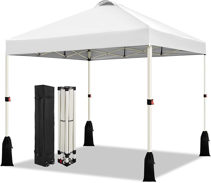 WEIZE 10x10 Pop Up Canopy Tent, 1-Button Push Setup Canopy Tent, Adjustable Height Instant Portable Shelter, Portable Roller Bag, Easy Outdoor Sun Shade for Events, 4 Weight Bags, White