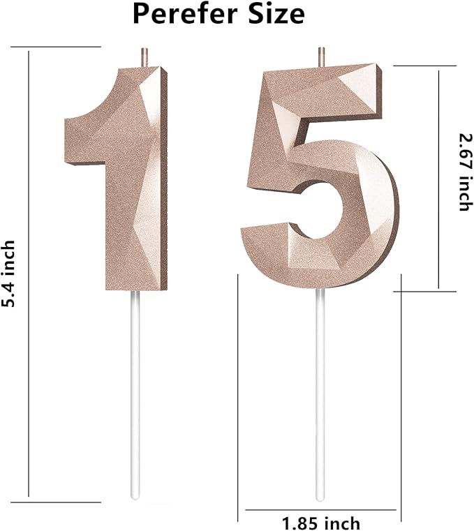 Number Birthday Candles(15 Candle Rose Gold) 3D Diamond Shape Number Happy Birthday Cake Candles for Birthday Party Wedding Decoration Reunions Theme Party