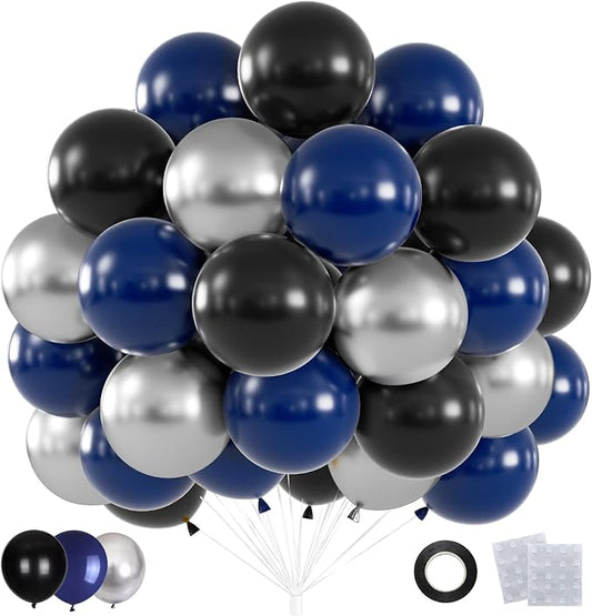60pcs Blue Silver Balloons, 12inch Navy Blue, Black, Metallic Silver Party Balloons for Graduation 2026, Father's Day, Men's Birthday, Sports Party Decorations