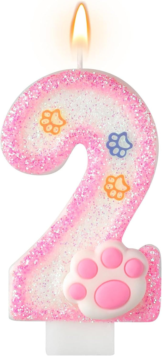 AKURIEEY Dog and Cat 2nd Birthday Candle Pink Numbers 2 Candle Paw Cake Topper Cupcake Decorations for Pet Theme Party Decor Anniversary Celebrations Supplies