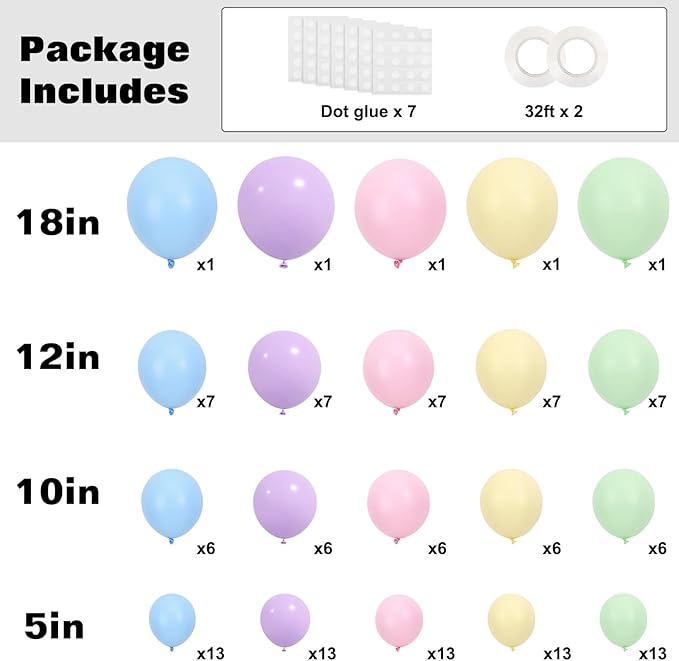 RUBFAC 135pcs Pastel Balloon Arch Kit, Macaron Rainbow Latex Balloon, Different Sizes 18 12 10 5 Inch for Garland Baby Shower Birthday Party Gender Reveal Garland Decoration