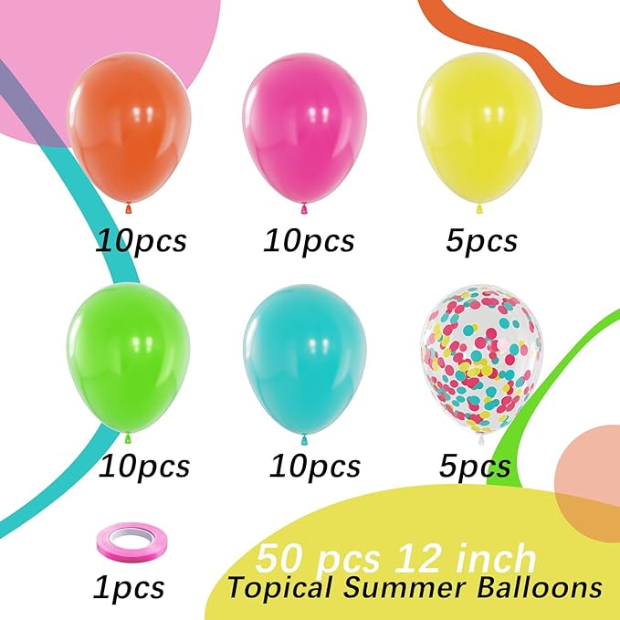 Summer Tropical Latex Balloons, 50pcs 12 Inches Hot Pink Green Orange Yellow Teal Blue Balloons for Birthday, Baby Shower Hawaiian Summer Party Decorations