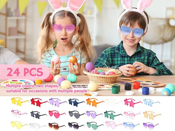24pc Heart Shaped Sunglasses Set, Rimless Star Shape Sunglasses, Transparent Colorful Frameless Glasses for Party Cosplay