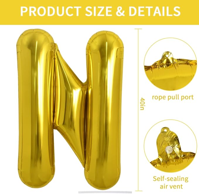 TONIFUL 40 Inch Large Gold Letter N Balloons, Foil Mylar Big Balloons for 2026 New Year Eve Graduation Wedding Baby Shower Birthday Party Anniversary Supplies Decorations
