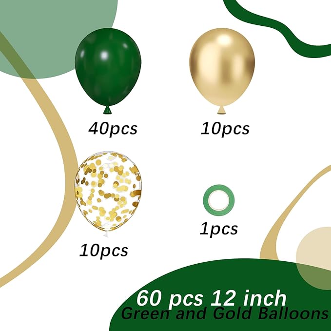 Green and Gold Latex Balloons, 60pcs 12 Inches Metallic Green Gold Confetti Balloons with 1 Ribbon for Graduation, Jungle, Birthday, Baby Shower Party Decorations