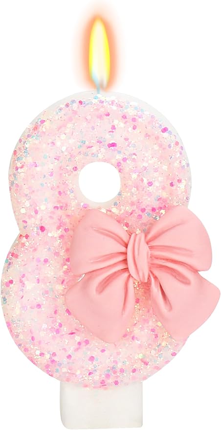 Birthday Candle for Cake, 8 Candle - Pink Glitter with Bowknot, 2.76 inch Happy Birthday Candle, Cake Topper Decoration for 8 Years Old Birthday Party (Number 8)