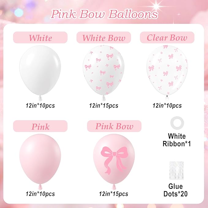 60pcs Pink Bow Balloons 12inch, Pink White Clear Bow Balloons for Coquette Baby Shower Bridal Shower Birthady Party Decorations