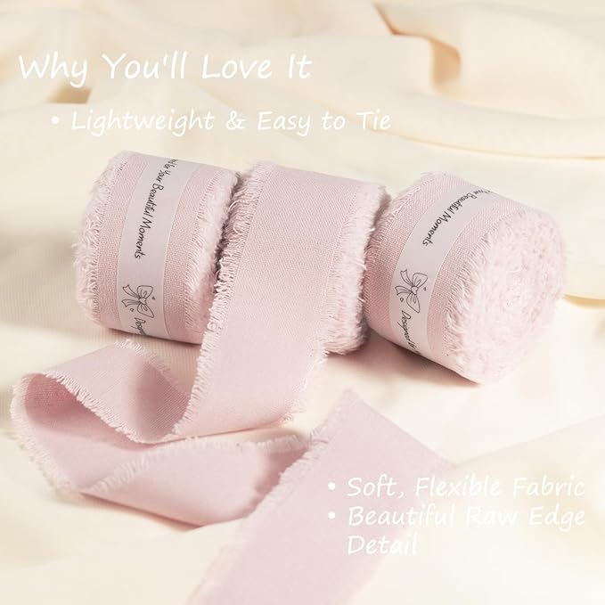 Pink Cotton Ribbon 1-1/2 Inch Pink 3 Rolls 21 Yards Frayed Edge Fabric Set for Bridal Shower, Baby Shower, Wedding Invitations, Birthday Party & Gift Wrapping