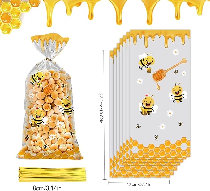 iNINGER 50 Pcs Little Bee Cellophane Treat Bags with Twist Ties, Sweets Gift Bags for Girls Children Party Favors,Small Sweet Bags for Candy,Colorful Goodie Bags for Baby Shower Birthday Decoration