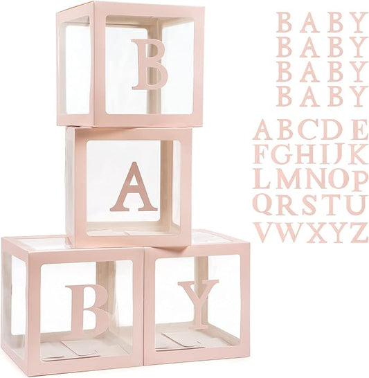 Voircoloria Baby Boxes with 42pcs Letters for Baby Shower Transparent Balloon Boxes Clear Balloon Box Blocks for Boy Girl Gender Reveal Party and Birthday Party (Pink)