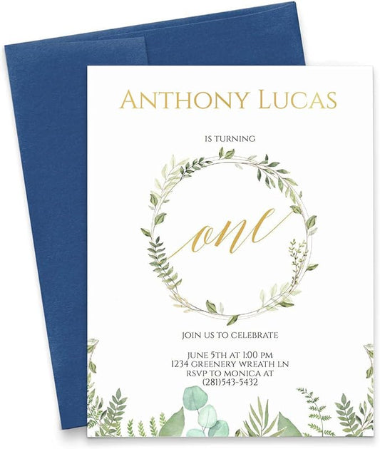 Modern Pink Paper Greenery Birthday Invitation for Boys or Girls, Greenery Invitations for Kids Party, Your choice of Quantity, Age, Info and Envelope Color