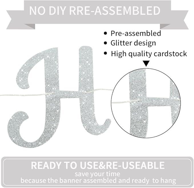 BEISHIDA Happy Birthday Banner - NO DIY,Silver 10Feet Pre-Strung-Glitter Birthday Sign Garland Backdrop Decorations for Women men Party