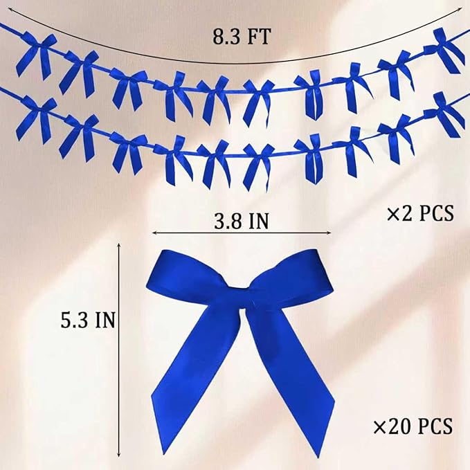 2pcs Royal Blue Bow Garland Banner - 8.3 Feet Coquette Ribbon Bow Decorations for Baby Shower, Birthday Party, Bridal Shower Decor (Royal Blue)