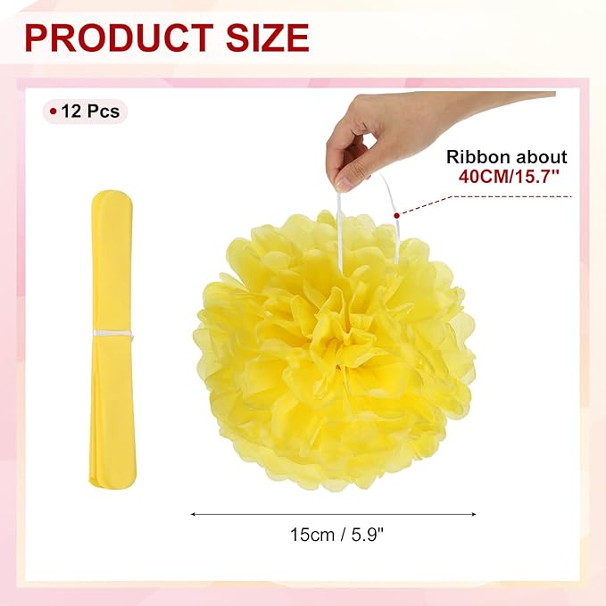 PATIKIL 6inch Tissue Paper Pom Poms, 12PCS Pom Poms Paper Flowers Ball Tissue Paper Flowers for Wedding Bridal Shower Birthday Bachelorette Party Backdrop Decoration, Light Yellow