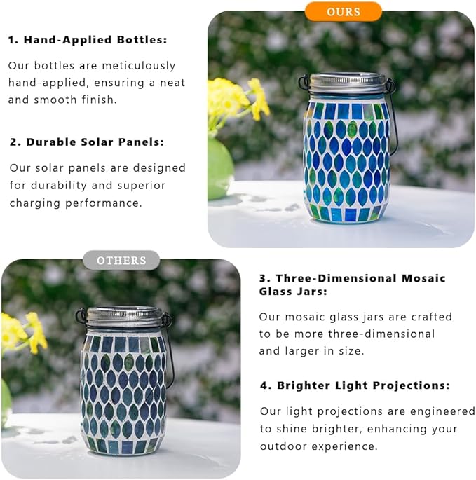 Starsoul 4 Pack Solar Lanterns Outdoor Waterproof, Decorative Teal Mosaic Glass Outdoor Lantern, Hanging Solar Garden Lights for Outside Pathway Patio Porch Yard Table, Gifts for Women Mom Grandma