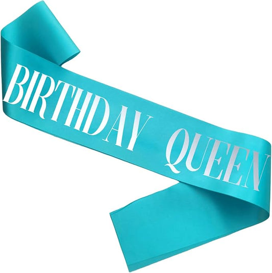 Birthday Queen Sash, Silver Foil Teal Blue Birthday Sash for Women 21st 30th 40th 50th 60th 70th Fun Birthday Party Favors Gifts Decorations