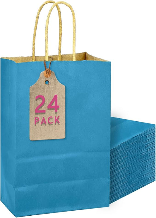 qiqee Ice Blue Gift Bag with Handles Bulk 24Pcs Paper Bags -10.6"x8.3"x4.3"Party Favor Bags - Solid Color