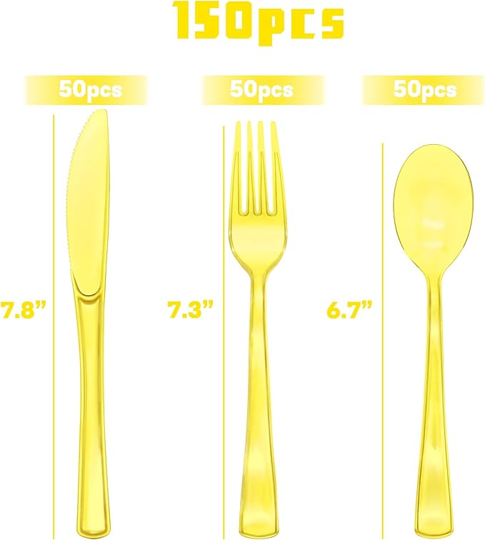 150 Pcs Yellow Plastic Silverware Heavy Duty Yellow Cutlery Sets Disposable Includes 50 Forks, 50 Knives and 50 Spoons for Easter Party, Birthday, Picnic