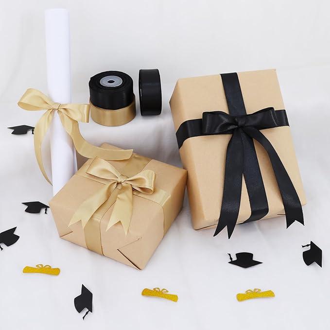 TONIFUL 1 Inch 5 Rolls Black Gold Ribbon, Graduation Satin Ribbon for Gifts Wrapping, Flower Bouquets, Bows Making, Crafts, Birthday, Graduation Leis, Christmas Party Decorations(25 Yards/Roll