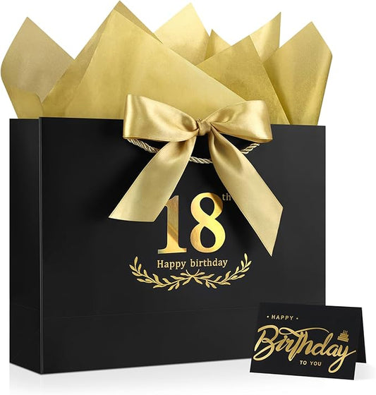 JMANNI Black Gold 18th Birthday Gift Bag with Card and Tissue Paper, 12.6"×9.84"×3.9" Elegant Present Bag for Adults, 18 Year Old Birthday Keepsake Party Supplies