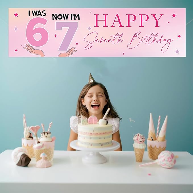 Andaz Press 13x48 Inch 6 7 Birthday Banner Decorations, I Was 6 Now I'm 7 Birthday Banner Pastel Purple Pink 67 Happy Birthday Party Banner for Girls, Home or Party Decor Backdrop Sign with Adhesive