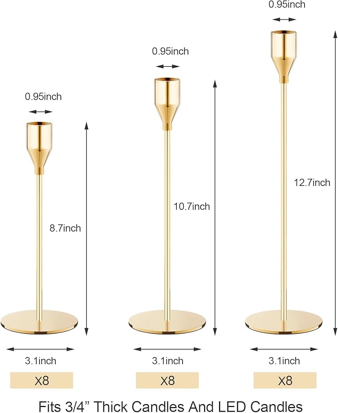 NLBTW French Gold Taper Candle Holders Set of 12 Candlestick Holders Bulk，Metal Candle Stick Holder Decor for Wedding, Dinning, Christmas Party or Anniversary, Fits 3/4 Inch Thick Candle