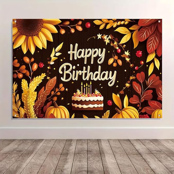 Happy Birthday Porch Banner 71x43 Inch, Large Autumn Theme Backdrop with Sunflowers ActFirst Pumpkins Leaves and Cake, Birthday Party Decorations for Indoor Outdoor Yard Patio