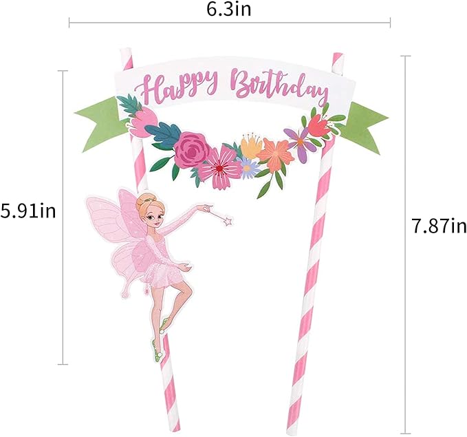 Pink Flower Fairy Happy Birthday Cake Topper Banner pre-assembled Cake Decorating Pennant Flag Banner Perfect for Wedding, Baby Shower, Tea Party