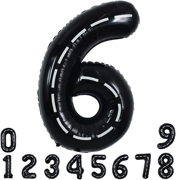 TONIFUL Race Car Black Balloons Car Birthday Party Supplies,40 Inch Giant Jumbo Helium Foil Mylar Big Number 6 Digital 6 Balloons for Boy's Birthday Party Truck Race Car Theme Party Decorations