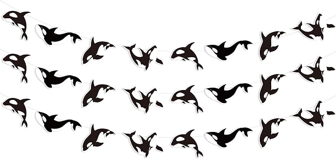 Cheereveal 3 Pack Killer Whale Garlands, Black and White Orca Hanging Banners, Whales Animals Sea Creature Ocean Under The Sea Theme Baby Shower Birthday Party Decoration Supplies