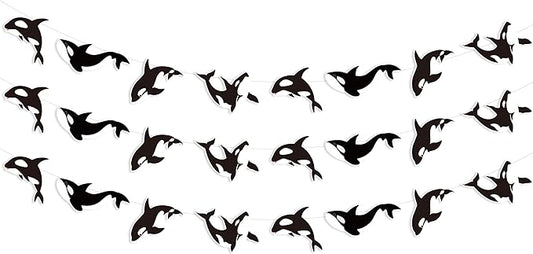 Cheereveal 3 Pack Killer Whale Garlands, Black and White Orca Hanging Banners, Whales Animals Sea Creature Ocean Under The Sea Theme Baby Shower Birthday Party Decoration Supplies