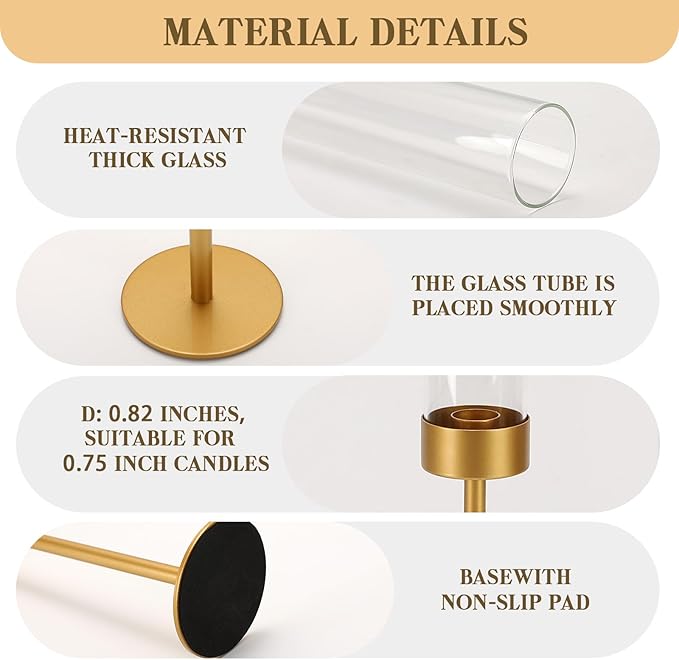 Glass Hurricane Candle Holders Set of 6-Gold Metal Base Taper Candle Stick Holders for CandlesticksHolder Decor, Elegant Dining Table Centerpiece for Wedding, Christmas & Home Decor