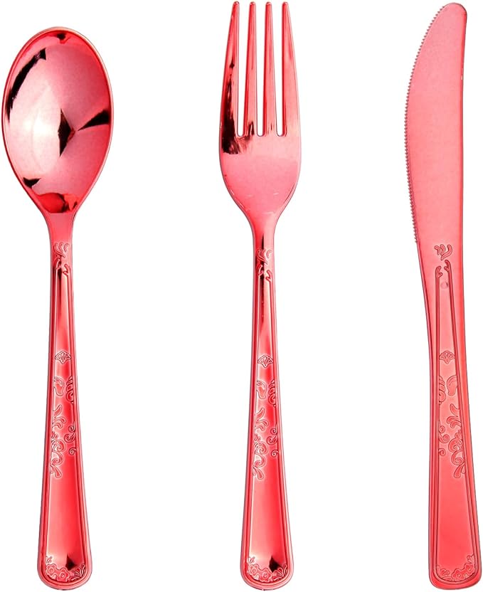 180 Pack Disposable Rose Red Plastic Silverware Contain 60 Forks,60 Spoons,60 Knives, Solid and Durable Plastic Cutlery Utensils Set Perfect for Parties,weddings.