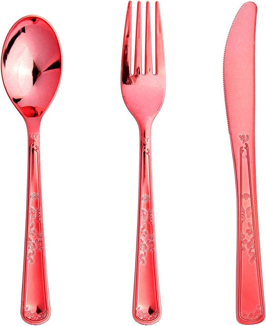 180 Pack Disposable Rose Red Plastic Silverware Contain 60 Forks,60 Spoons,60 Knives, Solid and Durable Plastic Cutlery Utensils Set Perfect for Parties,weddings.